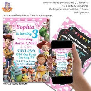 Invitación Toy Story rosa